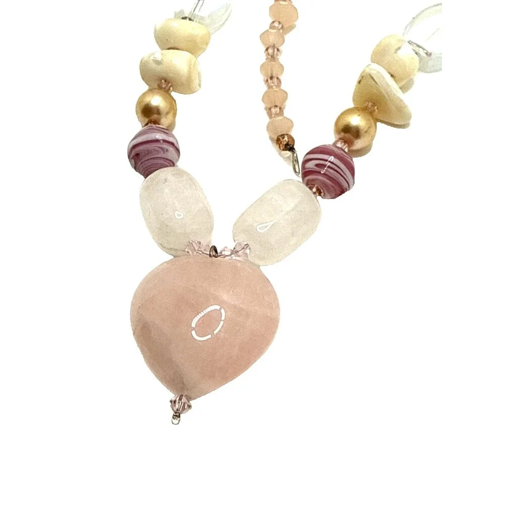 Rose Quartz Heart Pendant Necklace Stone Shell Glass Beaded Boho Statement 24